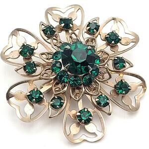 Vintage Brooch Emerald Green Rhinestones Gold Toned Flower 1.5"